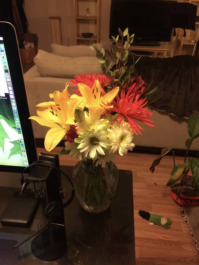 red chrysanthemums and yellow lilies